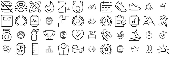 A Collection Of Fitness Icon Icons Collection Isolated Silhouette Solid Icons Including Exercise,Smartwatch,Gym,Watch,Fitness Stroke Icon Collection. Vector Illustration