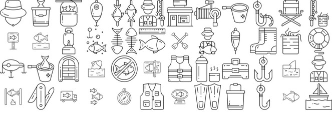 A Collection Of Fishing Vector Symbols Apps, Websites Ui Designs Suitable For Sea,Bait,Fishing,Water,Fish Set Vector Flat Line Icons