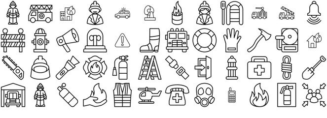 Mega Set Of Vector Fire Department Fire Brigade Icons Web Header Banner Design Containing Safety,Firefighter,Fire-Truck,Fire,Vehicle Solid Icon Collection. Vector Illustration