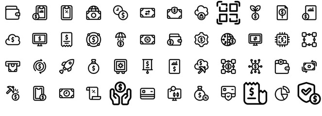 Set Of Fintech Icons Silhouette Vector Logo Design Containing Payment,Cash,Finance,Money,Dollar Set Vector Flat Line Icons