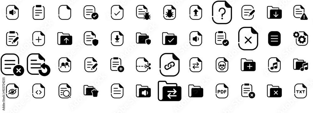 Poster mega set of vector files and documents glyph isolated silhouette solid icons with archive,data,docum