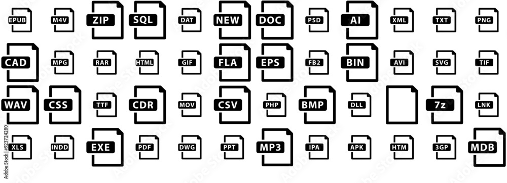 Poster set of linear file formats icons collection isolated silhouette solid icons including video,file,for