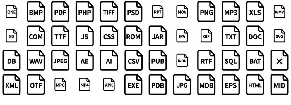 Mega Set Of Vector File Extensions Icons Web Header Banner Design Containing Adobe,Extension,Language,Image,Develop Outline Icons Collection. Simple Vector Illustration