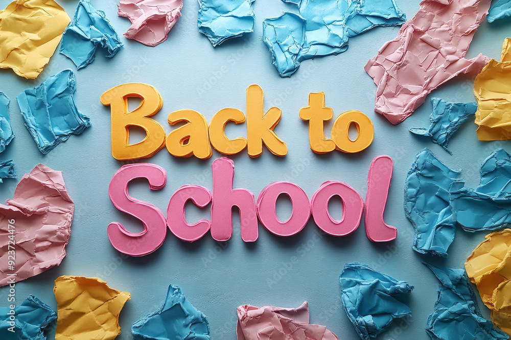 Poster the phrase back to school formed using folded sticky notes in various colors, isolated on a whiteboa