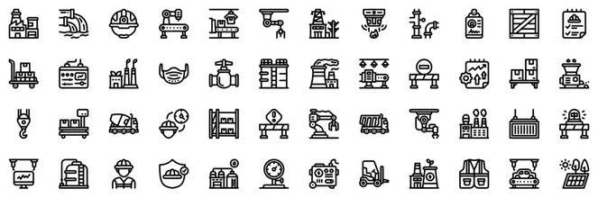 Set Of Factory Outline Vector Symbols Apps, Websites Ui Designs Suitable For Shipping,Industry,Factory,Industrial,Construction Vector Illustration Linear Pictogram Pack