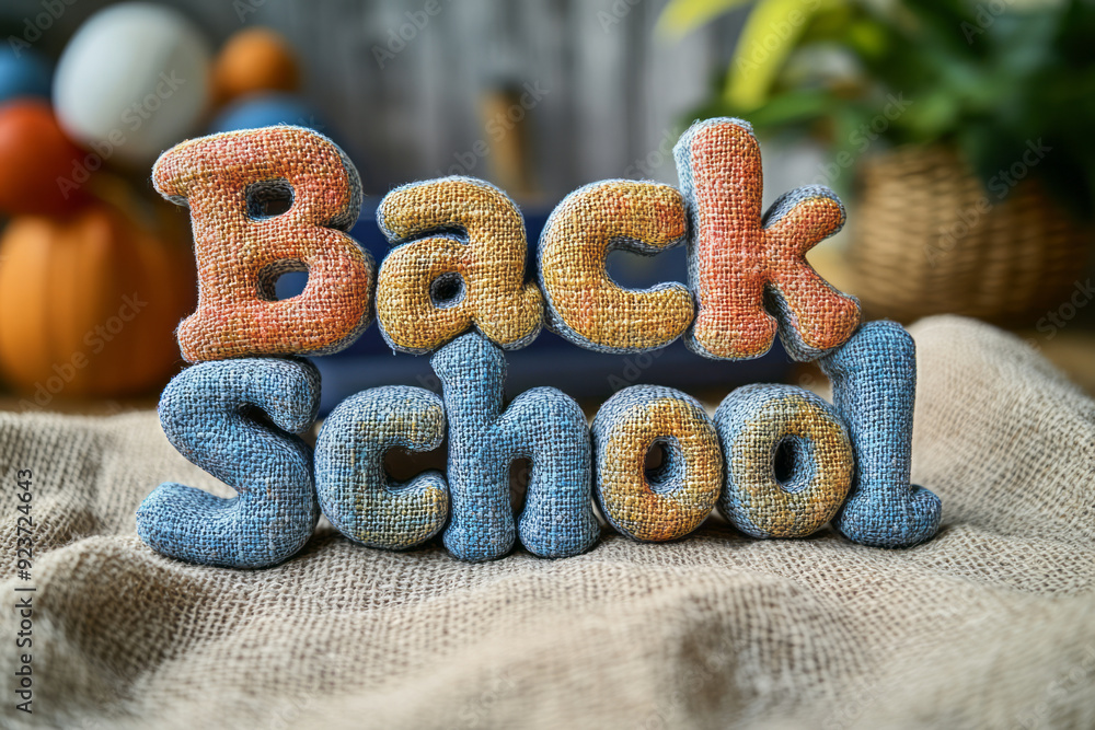 Poster the words back to school created using stacked, colored folders, isolated on a linen cloth surface,