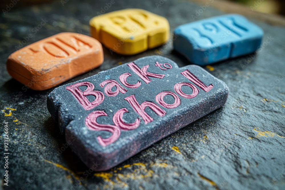 Poster the phrase back to school formed using small, stacked chalkboard erasers, isolated on a slate surfac
