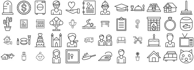 Set Of Linear Family Life Icons Silhouette Vector Logo Design Containing Pet,Female,Housework,House,People Vector Icons Illustration Collection