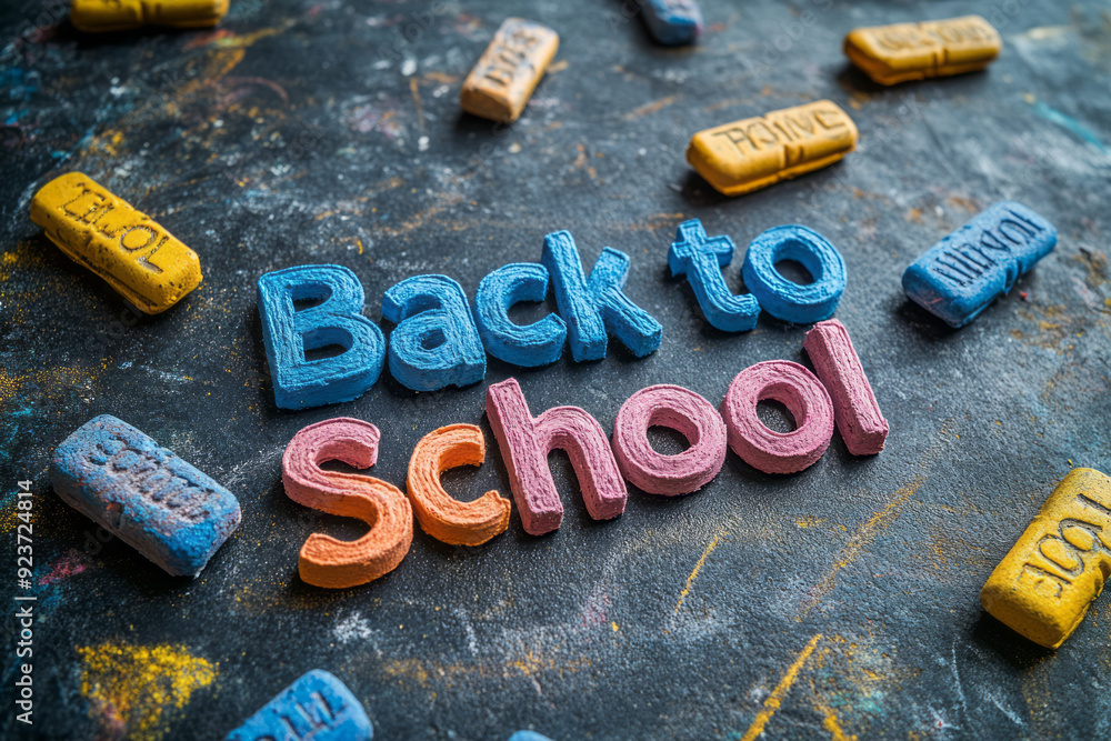 Poster the phrase back to school formed using small, stacked chalkboard erasers, isolated on a slate surfac