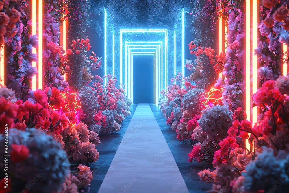 Poster a vibrant pathway illuminated by colorful lights, surrounded by lush foliage, creating a mystical an