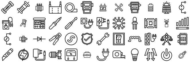 A Collection Of Electricity Vector Symbols Apps, Websites Ui Designs Suitable For Energy,Tool,Power,Electricity,Electric Vector Illustration Linear Pictogram Pack