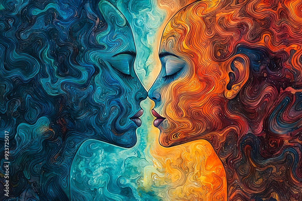Poster an abstract representation of two faces in vibrant colors, symbolizing connection and diversity thro
