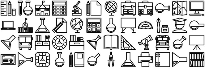 A Collection Of Education Papat Icons Web Header Banner Design Containing Science,Laboratory,Stationary,Chemistry,Education Pictograms And Infographics Design Elements Vector Illustration