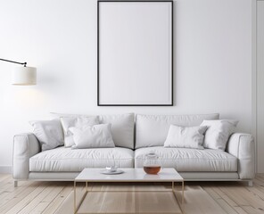 simple and clean living room with wooden floors, white walls, a light-colored sofa, armchair, coffee table