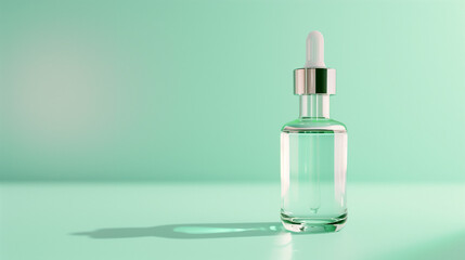 Naklejka premium Serenity in a Drop: A minimalist glass dropper bottle with silver accents, containing a clear liquid, stands serenely against a tranquil turquoise backdrop, casting an elegant shadow. 