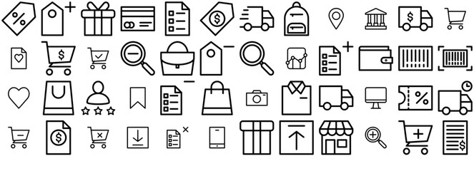 Set Of Ecommerce Online Shop Vector Symbols Apps, Websites Ui Designs Suitable For Shopping,Bag,Shopping-Cart,Discount,Shop Outline Icons Collection. Simple Vector Illustration