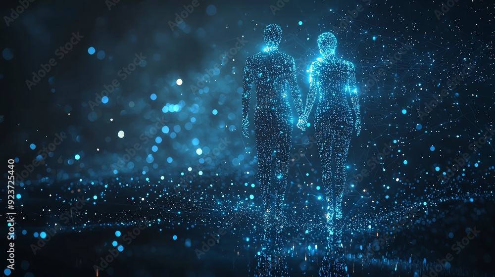 Aufkleber two futuristic holographic figures stand together, symbolizing connection and technology in a digita