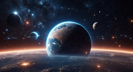 Fototapeta premium 3D illustration of beautiful cosmic scene with planets. High quality digital space art in 5K - realistic visualization