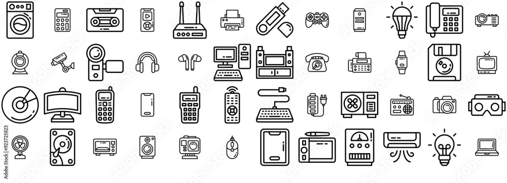 Poster mega set of vector device outline icons collection isolated silhouette solid icons including camera,