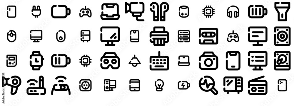 Poster mega set of vector device outline surya icons collection isolated silhouette solid icons including d