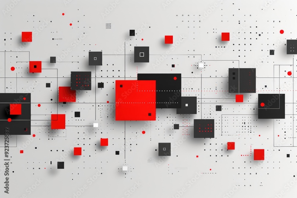 Poster abstract geometric pattern with red and black squares on white background