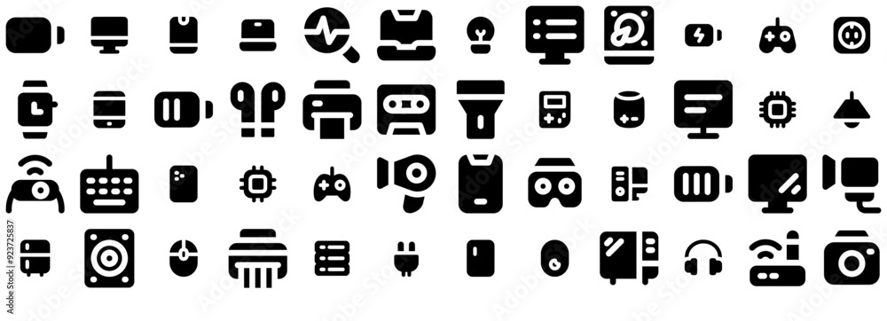 Poster mega set of vector device glyph surya icons silhouette vector logo design containing computer,device