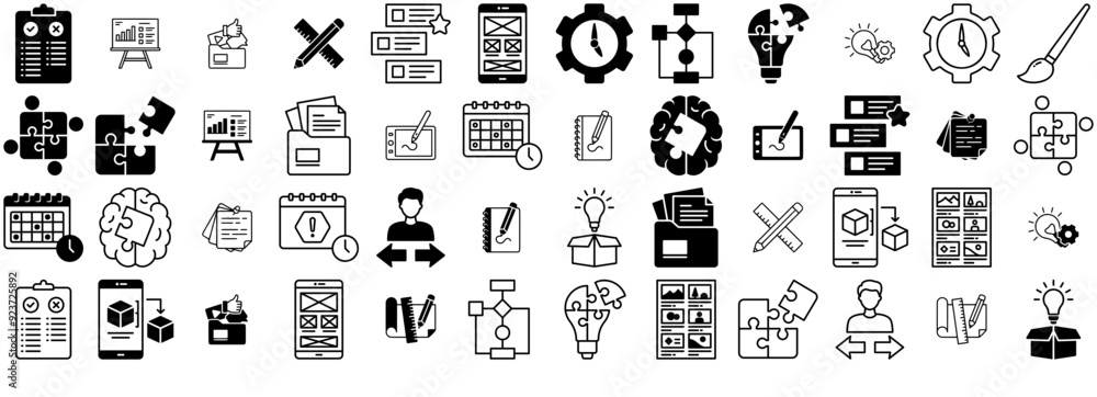 Poster mega set of vector design thinking isolated silhouette solid icons with management,creative,draw,ide