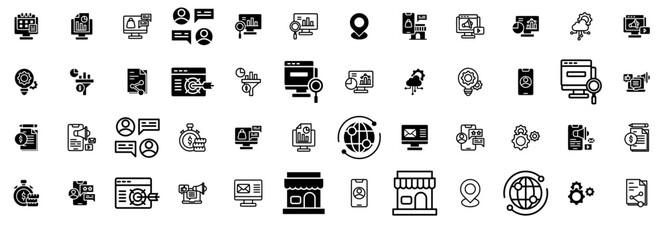 A Collection Of Digital Marketing Icons Silhouette Vector Logo Design Containing Document,Commerce,Communication,Shopping,Digital-Marketing Vector Illustration Linear Pictogram Pack