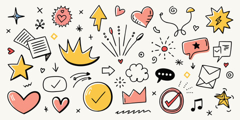 Doodle sketch element set, vector hand drawn graphic line shapes, arrow, hearts, underline. Simple squiggle kit, crown, stars, vignetting speech bubble, grunge scribble. Ink doodle element, check mark