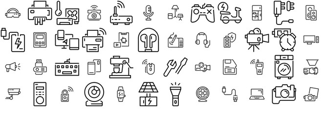 A Collection Of Device And Technology Vector Symbols Apps, Websites Ui Designs Suitable For Technology,Electronic,Device,Mobile,Camera Solid Icon Collection. Vector Illustration