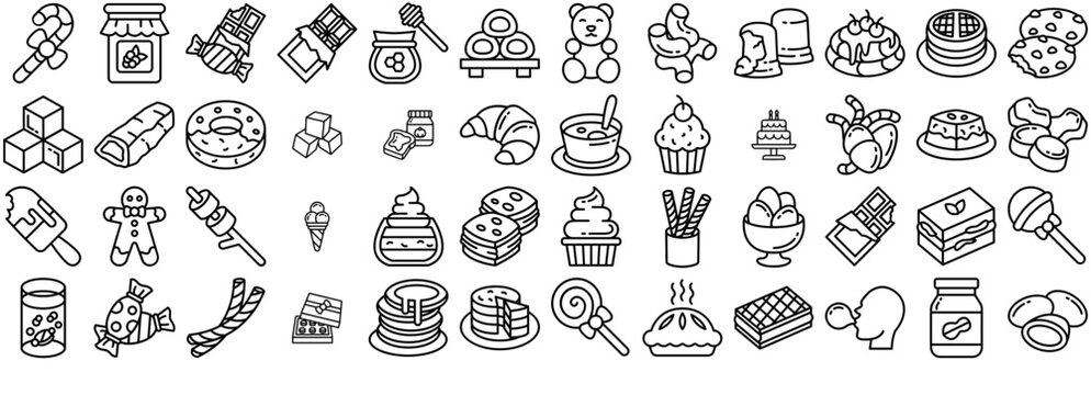 Set Of Dessert Sweets Isolated Silhouette Solid Icons With Dessert,Bakery,Chocolate,Cake,Sweets Vector Illustration Linear Pictogram Pack