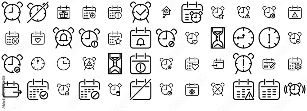 Poster a collection of date and time isolated silhouette solid icons with time,clock,date,schedule,calendar
