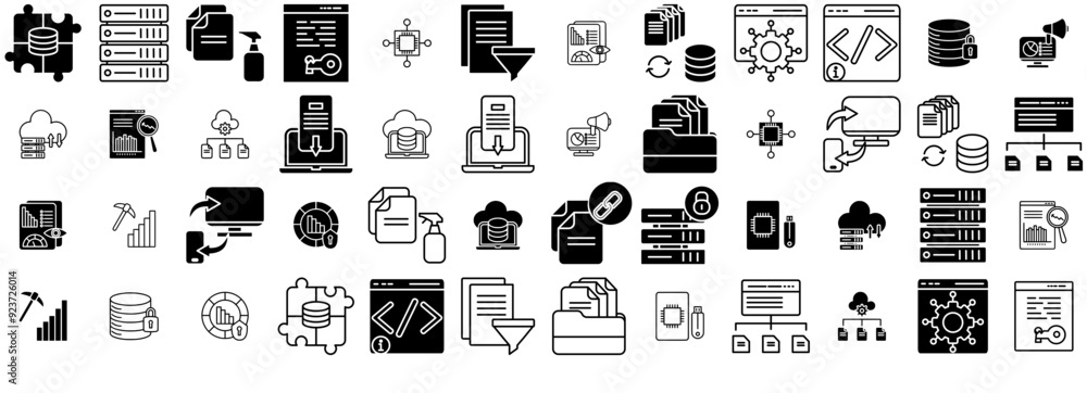 Poster mega set of vector data management icons silhouette vector logo design containing information,manage