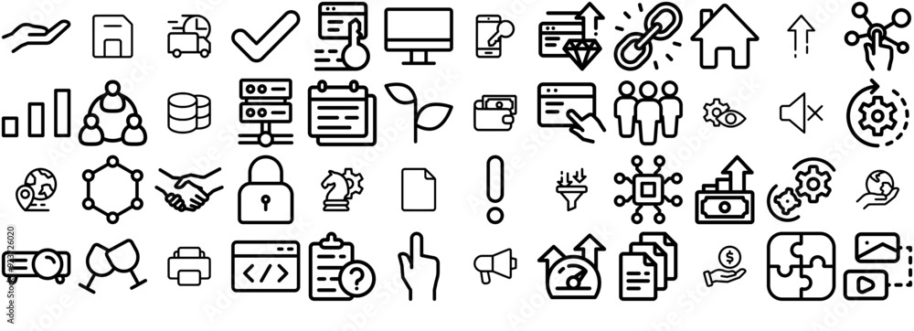 Poster set of data center isolated silhouette solid icons with click,internet,network,connection,document s