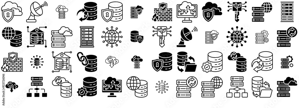 Poster set of data center isolated silhouette solid icons with encryption,server,disaster-recovery,security