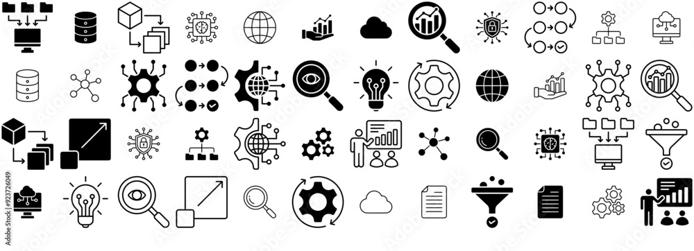 Poster set of linear data analytics icons silhouette vector logo design containing storage,technology,netwo