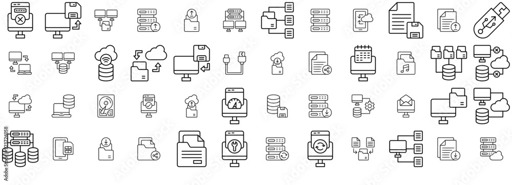 Poster mega set of vector data backup icons silhouette vector logo design containing transfer,server,storag