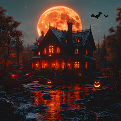 
A spooky haunted house with a full moon, bats flying around. Halloween vibes.