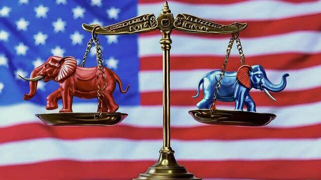Red and blue elephant figurines on a scale against a US flag background.