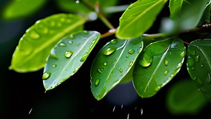 Branch with green leaves and water drops on it with blurry black background.