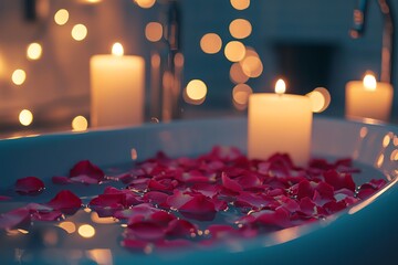 A serene bath setting with rose petals, candles, and soft bokeh lights, perfect for relaxation and spa ambiance.