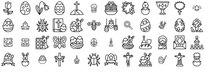 A Collection Of Christian Easter Isolated Silhouette Solid Icons With Egg,Easter-Egg,Decoration,Animal,Easter Stroke Icon Collection. Vector Illustration