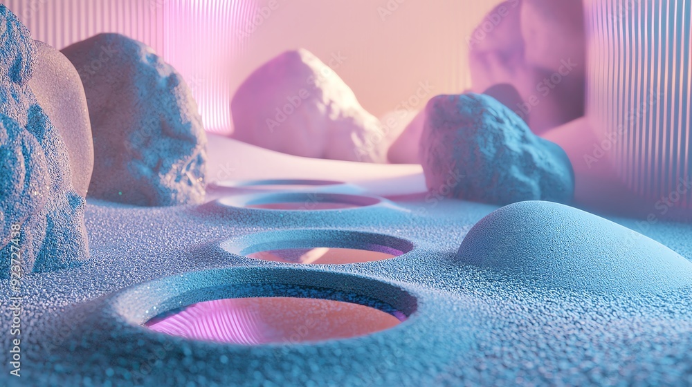 Poster a surreal landscape featuring colorful textures and abstract shapes, creating a dreamlike atmosphere