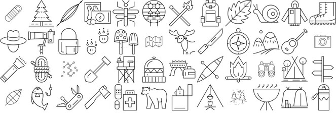 Set Of Camping Vector Symbols Apps, Websites Ui Designs Suitable For Outdoor,Camping,Forest,Nature,Travel Vector Icon Set Linear Pictogram Pack