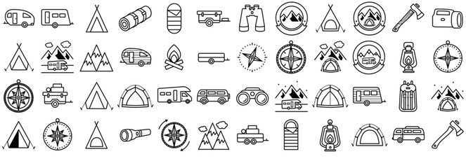 Mega Set Of Vector Camping Outdoor Isolated Silhouette Solid Icons With Camp,Camper,Adventure,Outdoors,Camping Vector Icons Illustration Collection