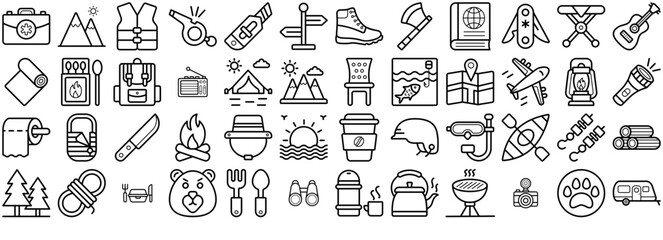 Mega Set Of Vector Camping And Hiking Line Icons Collections Isolated Silhouette Solid Icons With Headwear,Travel-Bag,Helmet,Knife,Sports-Helmet Outline Icons Collection. Simple Vector Illustration