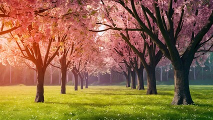 Naklejka premium A field with lots of trees in the middle and a sky background with pink flowers on the trees.