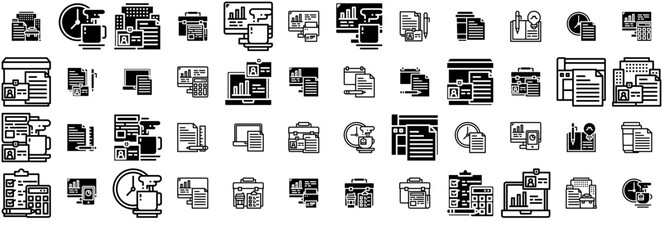 Mega Set Of Vector Business Vector Symbols Apps, Websites Ui Designs Suitable For Graph,Paper,Chart,Id-Card,File Solid Icon Collection. Vector Illustration