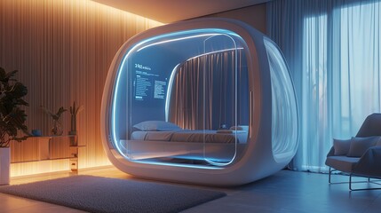 Futuristic bedroom design with a sleek, glowing pod, showcasing modern aesthetics and cozy comfort in a serene environment.