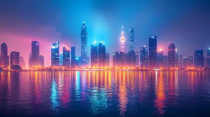 Fototapeta premium A vibrant city skyline at night